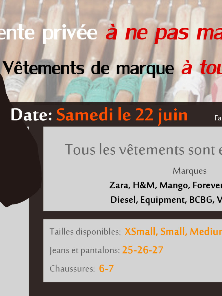 Vente privée de vêtements samedi le 22 juin!